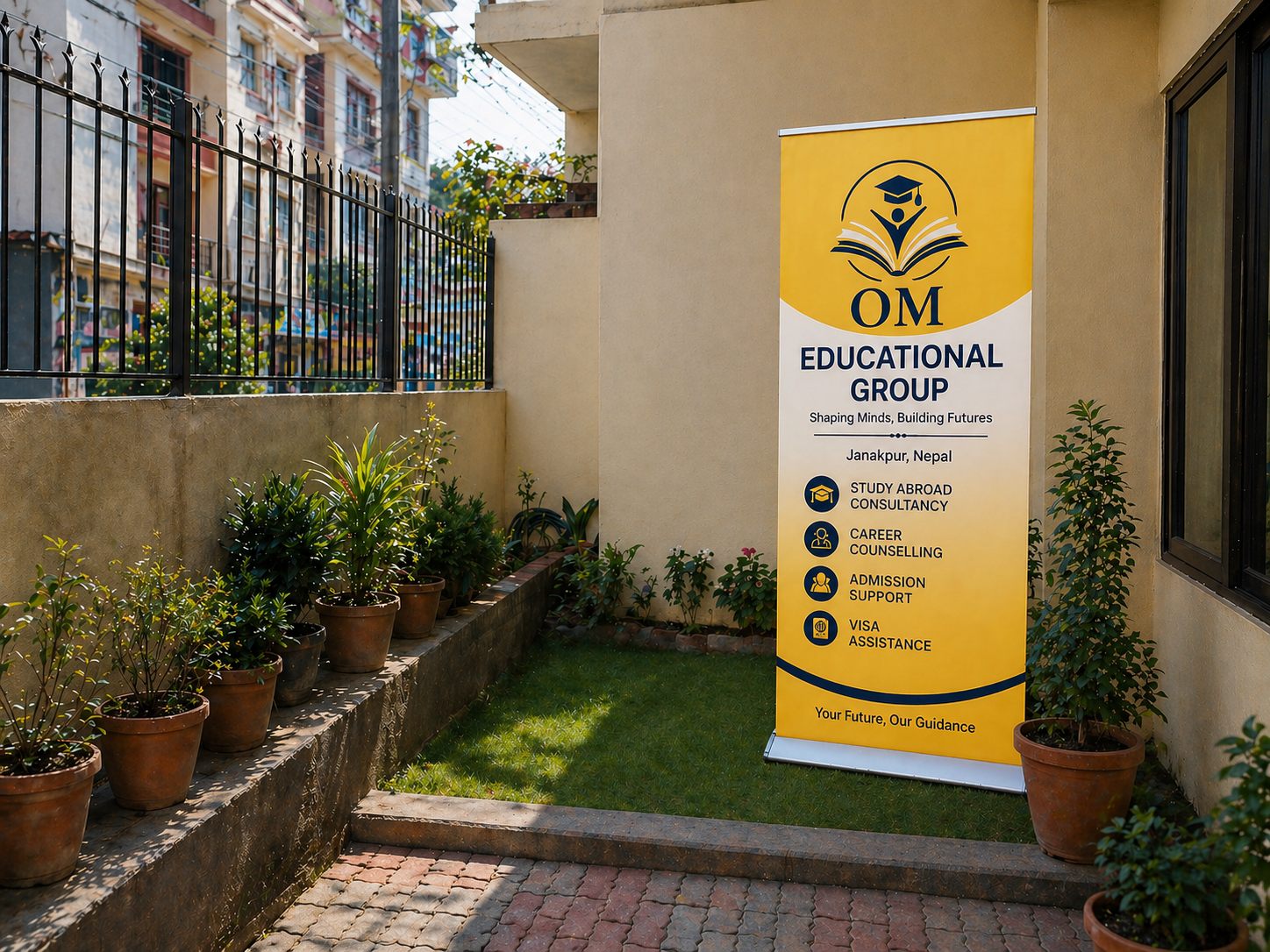 Garden area with OM Educational Group banner and plants